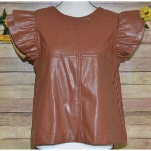 Ces Femme Ladies L Brown Faux Leather Top Ruffle Cap Sleeve Zip Back Boxy Crop